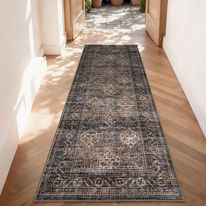 Washable Floral 2x6 Kitchen Rugs, Vintage Distressed Print Non Slip Hallway Runner, Retro Accent Ultra Thin Low Pile Throw Carpet for Entryway Bedroom Laundry Bathroom, Red Brown