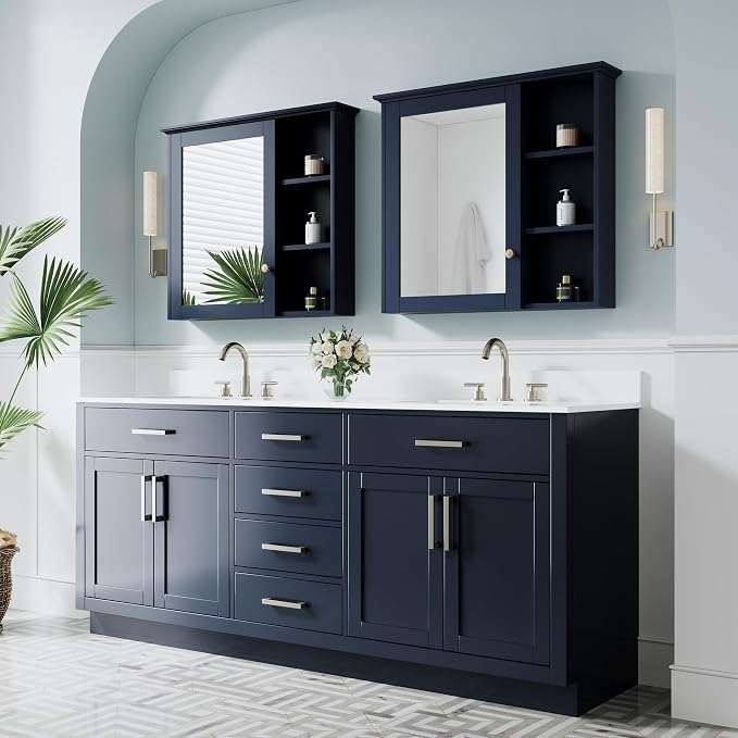 80-Inch Bathroom Vanity with Double Sinks W/ 4 Doors & 4 Drawers & 2 Flip Drawers, Navy Blue Vanity W/Brushed Nickel Handles