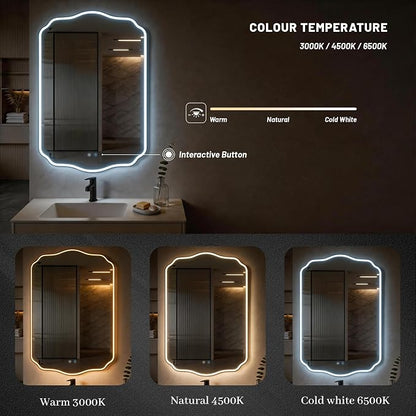 POZINO 36"x24" Scalloped LED Bathroom Mirror with Lights, Gold Metal Frame | Beveled Edge, 3 Color Dimmable, Anti-Fog, Memory Function, IP65 Waterproof, Smart Bathroom Vanity Mirror with Front Lights