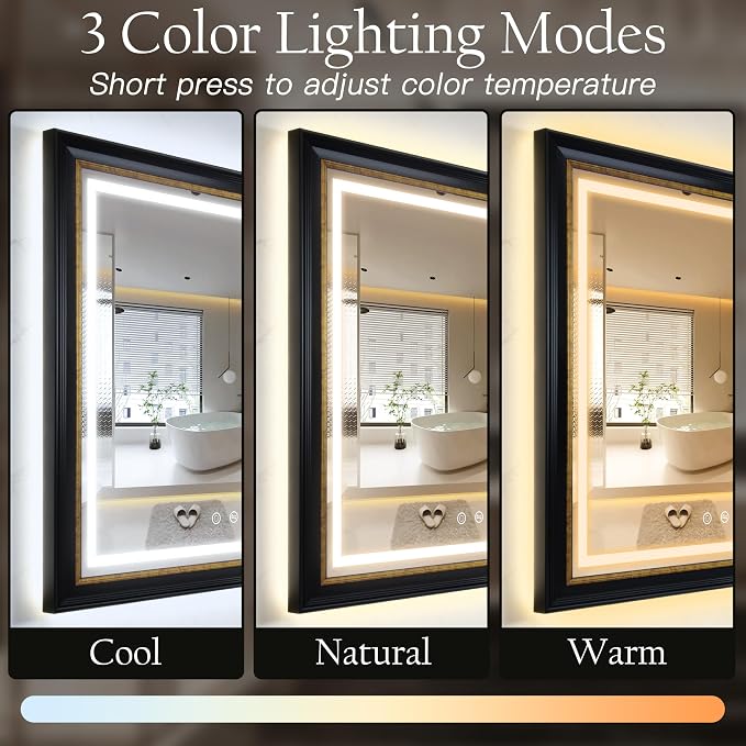 ROLOVE 23x33 Inch Lighted Baroque Bathroom Mirror, Antique Black and Gold | Anti-Fog, Waterproof Frame and Shatterproof Glass, Vintage Wall Mirror for Bathroom, Entryway and Powder Room