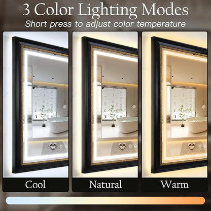 ROLOVE 23x33 Inch Lighted Baroque Bathroom Mirror, Antique Black and Gold | Anti-Fog, Waterproof Frame and Shatterproof Glass, Vintage Wall Mirror for Bathroom, Entryway and Powder Room