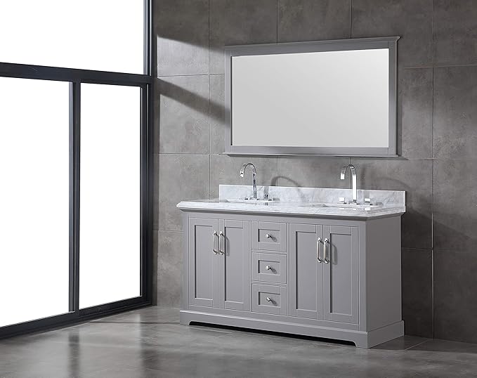Mareo 60" Solid Wood Double Sink Bathroom Vanity | Marble Countertop & Backsplash | Soft Closing Doors & Drawers | Nickel Brushed Handles | Grey Cabinet & Undermount Ceramic Sink Top | Pre-Assembled