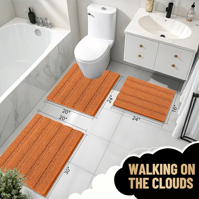 OLANLY Thick Bathroom Rugs 36x24, Soft Chenille Striped Bath Rugs, Clay | Rubber Backing, Machine Wash, Extra Absorbent Bath Mats for Bathroom Floor, Tub and Shower, Home Decor Accessories