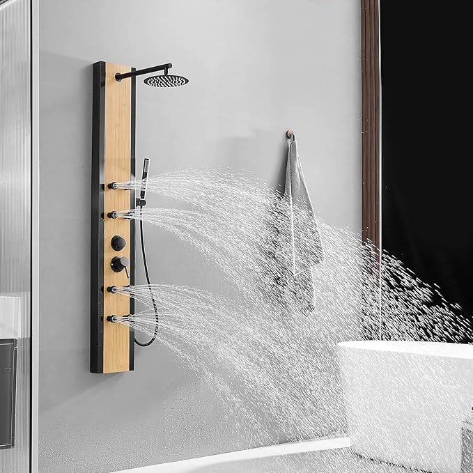 Rainfall Shower Panel Shower Tower System Bamboo Wood and Stainless Steel with 8 Body Jets Massage and Adjustable Round Shower Head Handheld Wand Shower Column Wall Mount