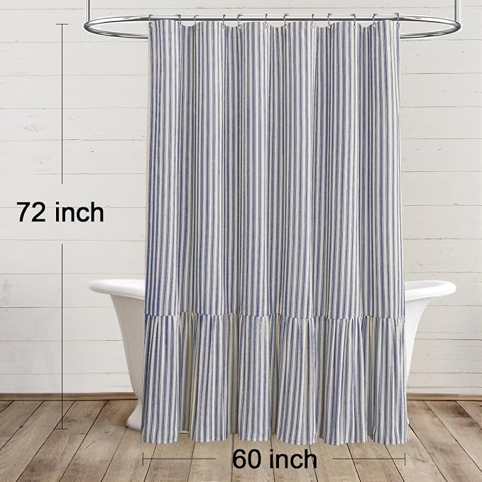 Farmhouse Shower Curtain Ruffle Linen Cream-Blue Stripe 60"W x 72"L | Farmhouse Boho, Striped, Bottom Ruffle, Linen Fabric, Rustic, Country, Natural Look, Washable, for Bathroom Bathtub