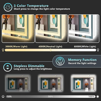 48x36 LED Bathroom Mirror with Lights, Backlit and Front Lit Anti-Fog Lighted Vanity Mirrors for Bathroom Wall, Dimmable, 3-Color Light, Memory, Shatter-Proof, HD Tempered Glass, CRI＞90