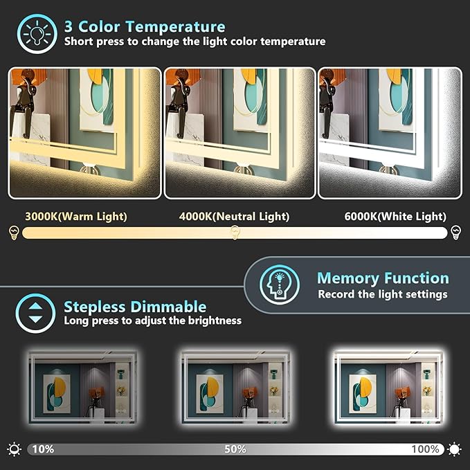48x40 LED Bathroom Mirror with Lights, Backlit and Front Lit Anti-Fog Lighted Vanity Mirrors for Bathroom Wall, Dimmable, 3-Color Light, Memory, Shatter-Proof, HD Tempered Glass, CRI＞90