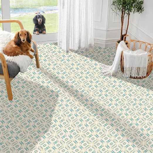 Teal Beige Floral Peel and Stick Floor Tiles 12x12 Inch 10PCS | Teal and beige floral geometric pattern vinyl floor stickers for kitchen bathroom entryway and indoor home decor