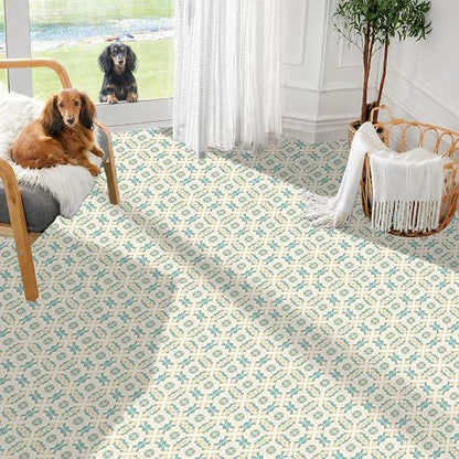 Teal Beige Floral Peel and Stick Floor Tiles 12x12 Inch 10PCS | Teal and beige floral geometric pattern vinyl floor stickers for kitchen bathroom entryway and indoor home decor