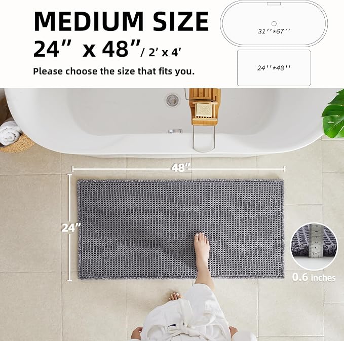 TYUU Waffle Bath Mat, Boho Bathroom Rugs Non Slip, 48x24 Grey | Super Absorbent Quick Dry Bath Rug, Non-Slip Backing, Soft Waffle Washable Farmhouse Bathroom Mats, Tub, Shower & Home Decor
