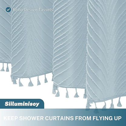 Fog Blue Boho Woven Fabric Cute Shower Curtain, 72 x 72 Tufted Leaves Textured Striped Modern Farmhouse Minimalist Cloth Shower Curtain for Bathroom
