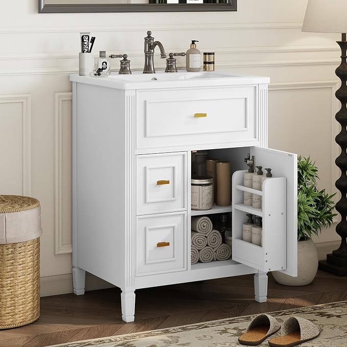 24" Modern Bathroom Vanity with Ceramic Sink, Solid Wood Frame Freestanding Storage Cabinet w/2 Drawers & Tilt-Out Drawer, Door Rack & Adjustable Shelf, Golden Metal Handles, White
