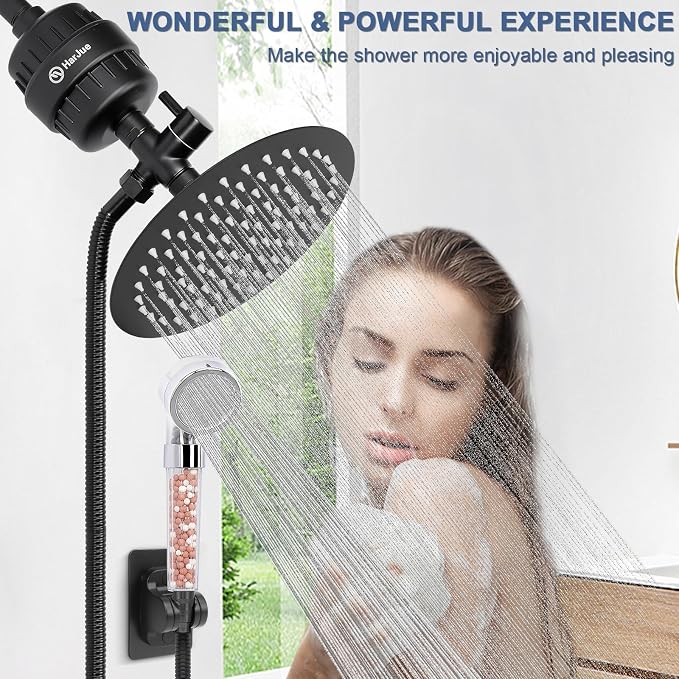 Filter Shower Head, High Pressure 8 Inch Rainfull with Filter Combo for Hard Water, Remove Chlorine Fluoride and Harmful Substances- 1 Replaceable Filter Cartridge (Round, Matte Black)