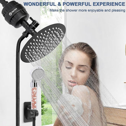 Filter Shower Head, High Pressure 8 Inch Rainfull with Filter Combo for Hard Water, Remove Chlorine Fluoride and Harmful Substances- 1 Replaceable Filter Cartridge (Round, Matte Black)