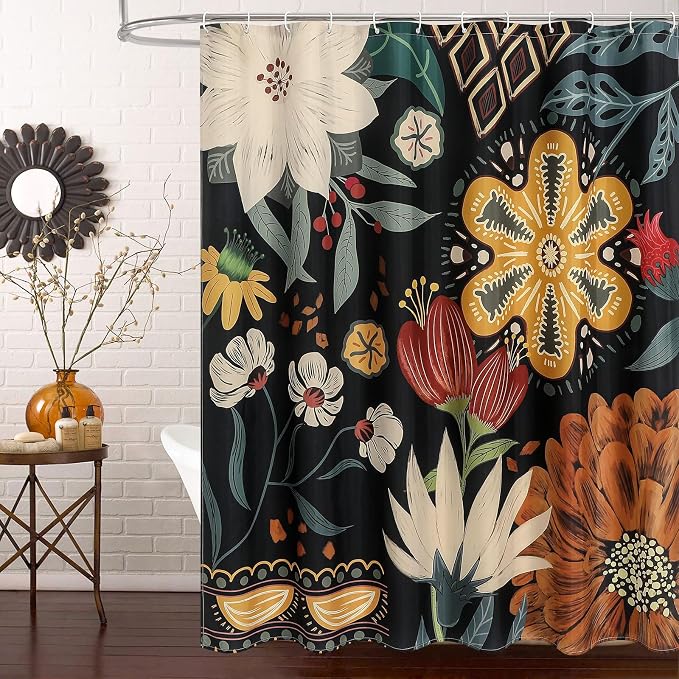 Boho Floral Shower Curtain, Vintage Botanical Fabric Curtain, 72 x 84 | Boho Chic Floral, Vintage Botanical, Modern Farmhouse, Eclectic Rustic, Colorful Flowers, Fabric Shower Curtain