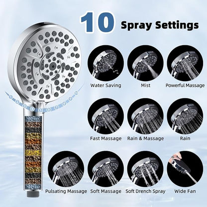 Metal Rain Filtered Shower Head with Handheld, 10" High-Pressure,10-Mode | Chrome, Rainfall Showerhead with 5" Large Handheld Powerful Wash Mode, Adjustable 16" Extension Arm/71" Hose, 20-Stage Filter