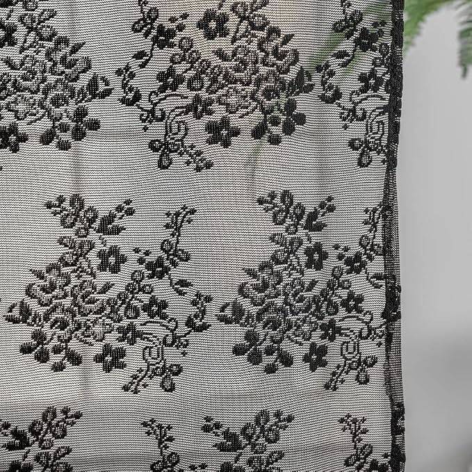 Black Lace Shower Curtain 36x72, Gothic Style for Narrow Shower Stalls | Goth Shower Curtain with Attached Vlance and Scalloped, Floral Lace, Lets in Light for Witchy Victorian Halloween bathrooms