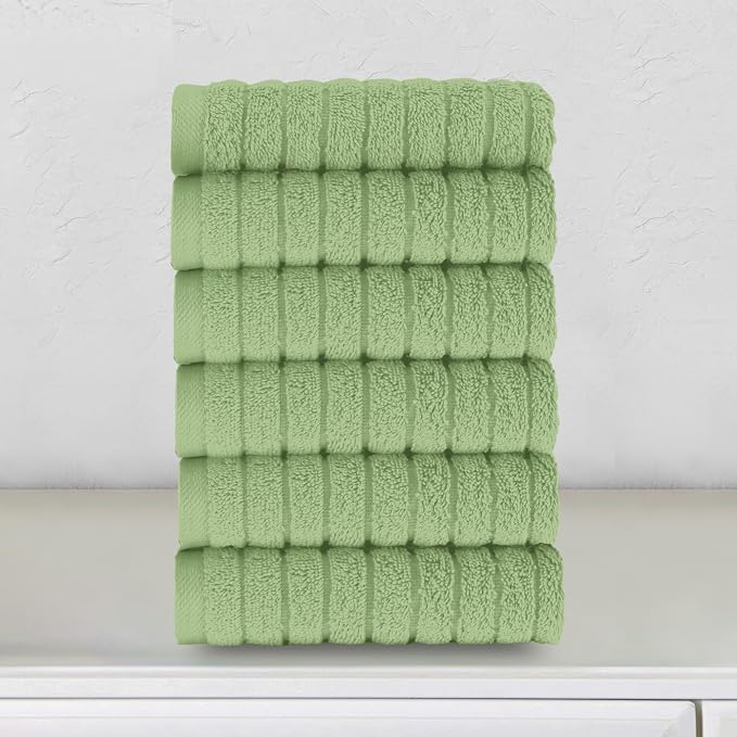 Elegant Comfort 100% Turkish Cotton Corduroy Ribbed Luxury Washcloths 6 Pack Soft 13 x 13 Inch - Higly Absorbent, Durable, Quick Dry, Spa Premium Hotel Quality for Bathroom or Travel, Sage