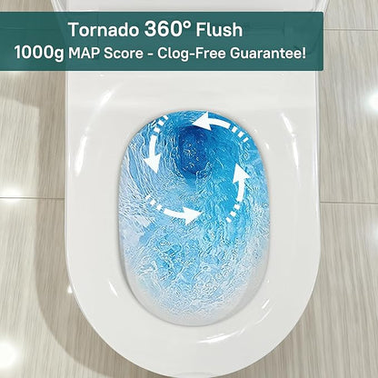 W2121D One-Piece Dual Flush Toilet, 0.8/1.28 GPF,360° Tornado Flush, Elongated D-Shape Bowl, 12-In Rough-In, White, Soft-Close Seat, EPA & WaterSense Certified