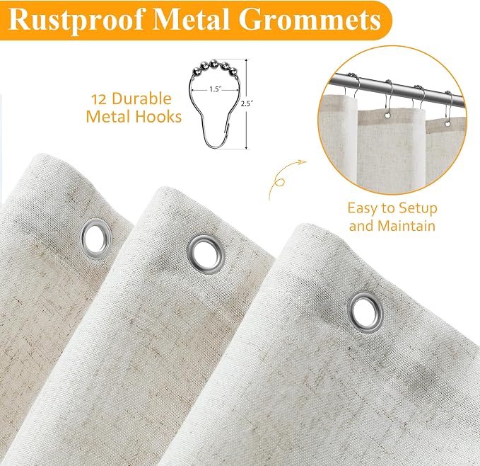 Neutral Linen Shower Curtains for Bathroom Boho Farmhouse Flax Textured Rustic Shabby Chic Country Water Repellent Fabric Drapes with Hooks Sets, Ivory Beige, 72x72