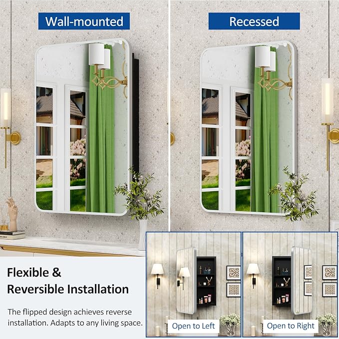 ACEMIRO 20x28 Inch Recessed Medicine Cabinet with Mirror Metal Framed Surface Wall Mounted Bathroom Mirror Medicine Cabinet with Storage Brushed Silver