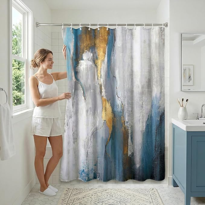 Americanflat 71x74 Marbled Texture Shower Curtain - Water-Resistant Long Shower Curtain with Durable Metal Grommets and 12 Hooks - 100% Polyester - Slate Blue, Warm Gold, Grey and White