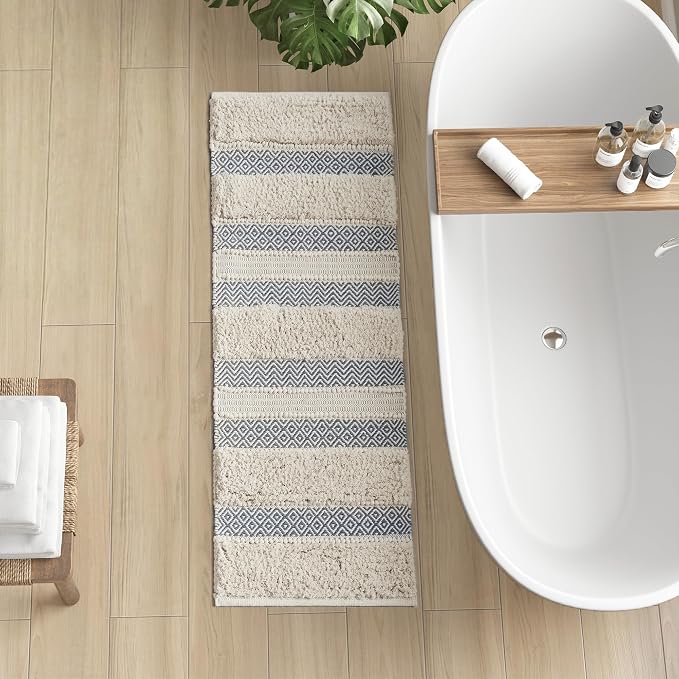 INK+IVY Asher Non-Slip Bath Rug Absorbent Quick Dry Striped, 22 x 58, Grey | Soft Pile, Machine Washable, Striped Pattern, Boho, OEKO-TEX Certified, Hand-Woven Texture, for Bathroom, Shower Room