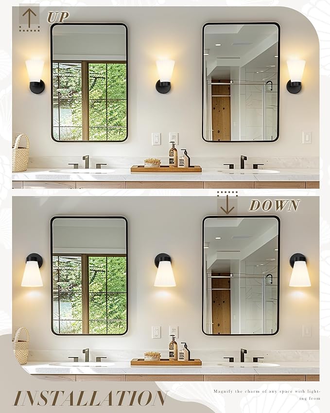 Indoor Wall Light Fixture, HWH Modern Wall Sconce Vanity Light with Frosted White Striped Glass Shade, Matte Black Single Wall Sconce for Bathroom Bedroom, 5HZG97B BK