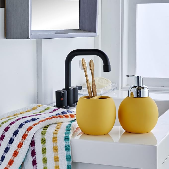 SKL Home Good Vibes Hand Towel Set-2pc, Premium 100% Cotton, Multi | 550 GSM weight. Soft & absorbent terry with colorful stripes. For use in the bathroom, kitchen, bar or any sink space.