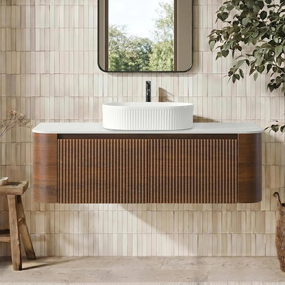 48" Floating Bathroom Vanity with White Sink, Rounded Edge, Walnut | Pre-Assembled Fluted Wall Mounted Vanity with Ceramic Vessel Sink, Rounded Edges, Soft-Close Drawer & Towel Rack