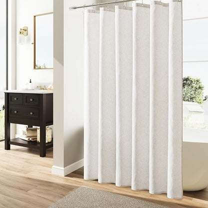 Natural Linen Shower Curtain, Country Boho Farmhouse Bath Decor Shower Curtains Neutral Cloth Weighted Textured Fabric Bath Curtain Liner with Hooks, Beige White, 72x96