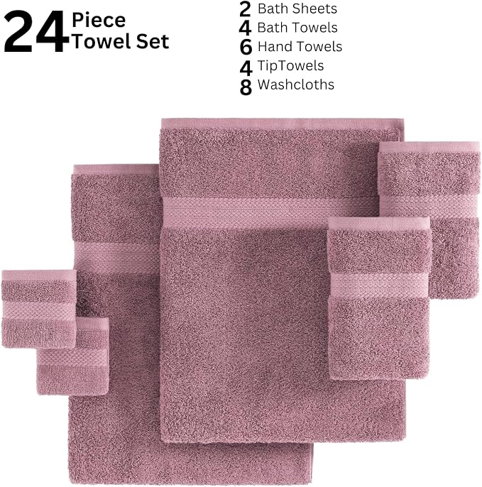 LANE LINEN Bath Towel Set Absorbent Quick Dry 100% Cotton - Wishful Mauve | Cotton Bath Towel Set - OEKO-TEX Certified, Ring-Spun Durability, Terry Weave Comfort, Hotel-Style Look