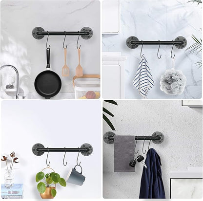 Industrial Pipe Towel Rack Towel Bar, Heavy Duty Wall Mounted Rustic Farmhouse Bath Towel Holder for Bathroom (Black, 12 inch)