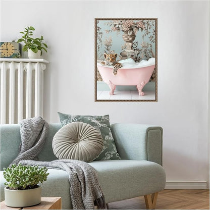 Amanti Art Framed Canvas Wall Art 24x18 Leopard Pink Bubble Bath by Niky Rahner, Framed Wall Art Canvas, Animals Artwork, Traditional Decor, Medium Poster Painting for Living Room, Bedroom, Bathroom