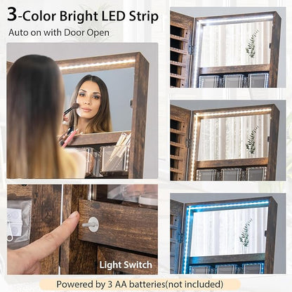 CHARMAID Standing Jewelry Armoire with Full Length Mirror, Lockable Jewelry Cabinet Organizer with Lights, 3 Lighting Modes, Foldable Makeup Tray, Storage Drawers & Shelves (Rustic Brown)