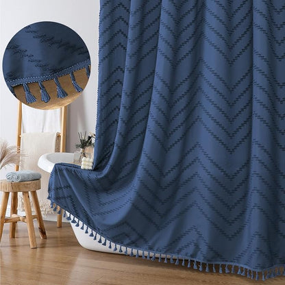 Boho Shower Curtain, Dusty Blue Fabric Cloth Shower Curtains Farmhouse Tufted Chevron Striped Textured with Tassel for Bathroom, Soft Hotel Style Modern Minimalist, Machine Washable, 72x72