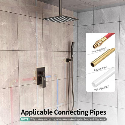 SR SUN RISE 12 Inch Oil Rubbed Bronze Shower System Brass Bathroom Luxury Rain Mixer Shower Combo Set Ceiling Mounted Rainfall Shower Head System Faucet Trim Repair Kits with Rough-In Valve and Trim