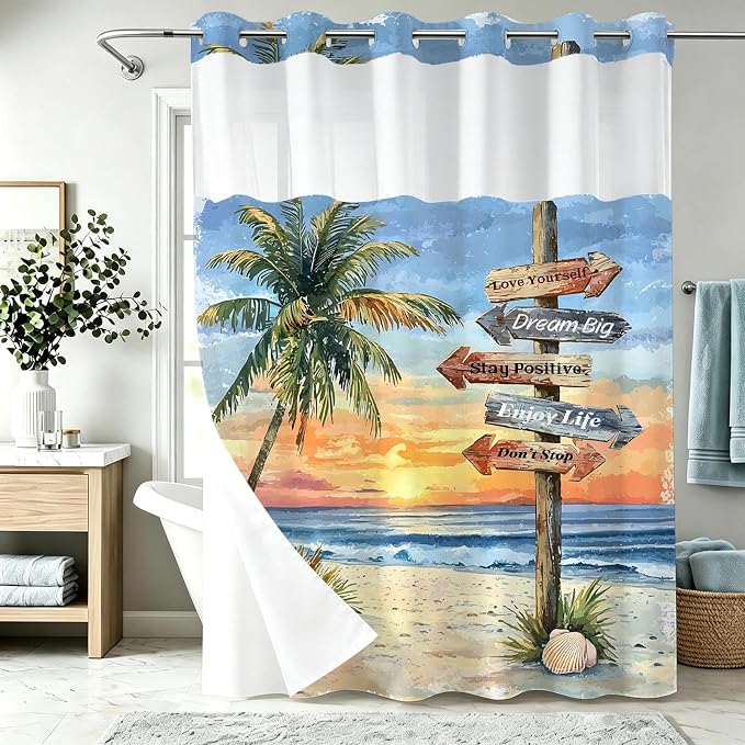 Beach Coastal Tropical No Hook Shower Curtain Luxury Aesthetic Palm Tree | Summer Art No Hook Shower Curtain with Snap in Liner, Waterproof Ringless Shower Curtains for Bathroom 72x74 Inch Colorful