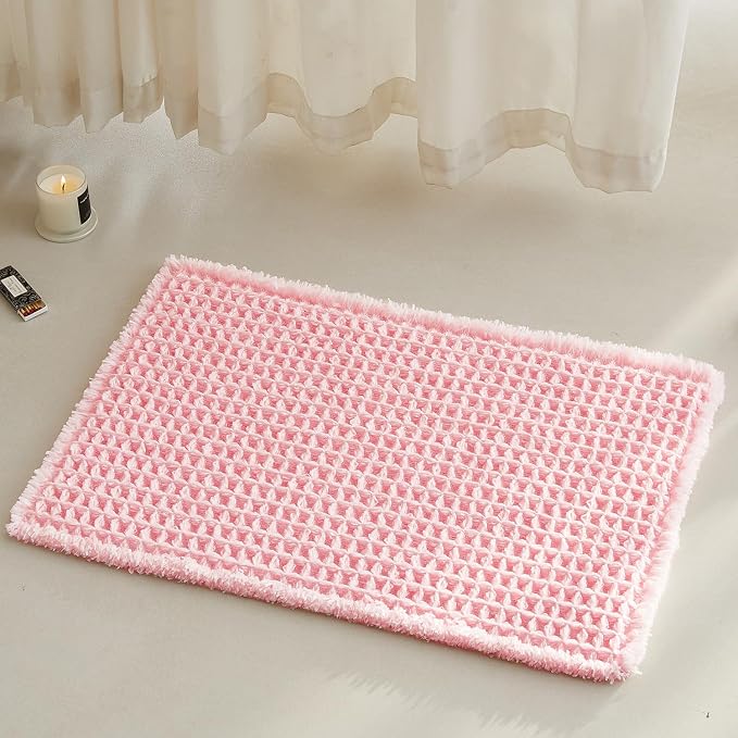 TYUU Waffle Bath Mat, Small Cute Bathroom Rug, 24x16 Light Peachy Pink | Super Absorbent Quick Dry Bath Rug, Non-Slip Backing, Soft Waffle Washable Farmhouse Bathroom Mats, Tub, Shower & Home Decor