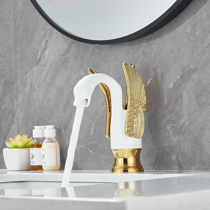 Bathroom Faucet White Mixed Gold Swan Single Handle 1 Hole Bathroom Vanity Faucet Basin Tap Deck Mount Lavatory