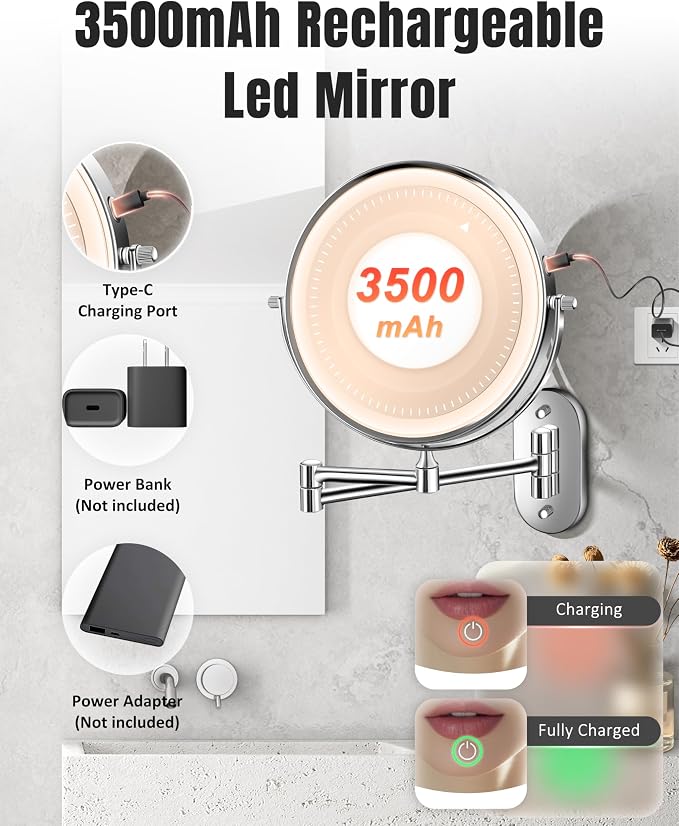 30X/1X 8 Inch Wall Mounted Magnifying Makeup Mirror with Light for Bathroom | 3500mAh Double Sided Rechargeable LED Lighted Vanity Mirror with Magnification 3 Color Light up Extended Arm 360 Rotation