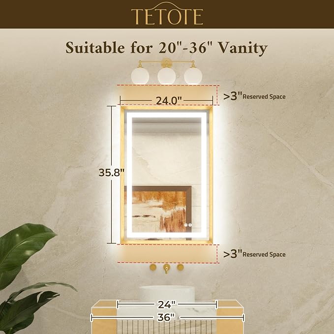 24 x 36 Led Mirror Brushed Gunmetal Gray/Off‑Black Metal Frame Frontlit & Backlit Vanity Mirror Anti-Fog Stepless Dimmable 3 Colors White/Warm/Natural Wall Mirror with Lights Wall-Mounted