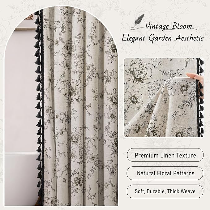 Farmhouse Floral Vintage Shower Curtain for Bathroom, Black and Tassels | Elegant Boho Tassels Pattern Bath Curtain, Linen Fabric, 72" W x 72" L