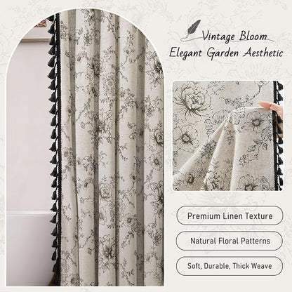 Farmhouse Floral Vintage Shower Curtain for Bathroom, Black and Tassels | Elegant Boho Tassels Pattern Bath Curtain, Linen Fabric, 72" W x 72" L
