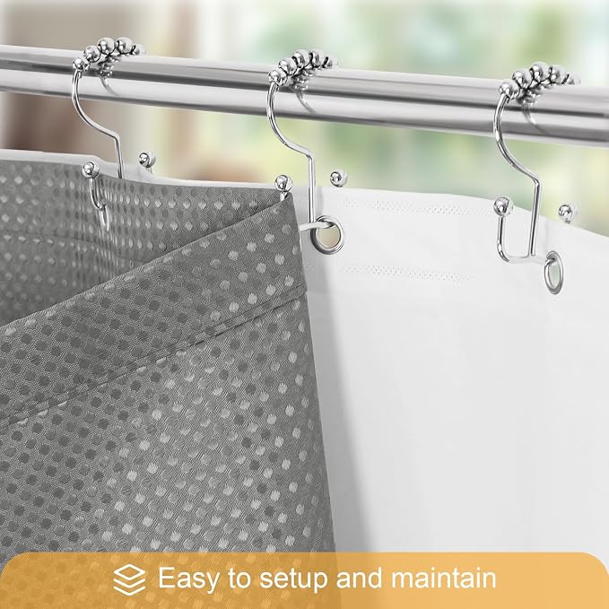 3 in 1 Grey Shower Curtain with PEVA Liner, 12 Hooks, 72x72 | Luxury Weighted Fabric Shower Curtain Set, 12 Stainless Steel Double-Sided Hooks, Water Repellent, Bathroom Decor