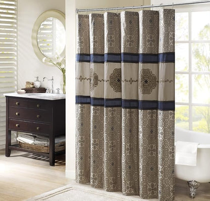 Madison Park Embroidered Jacquard Traditional Shower Curtain, 72"x72", Navy | Weave Design, Traditional Bathroom Décor, Machine Washable, Fabric Privacy Screen