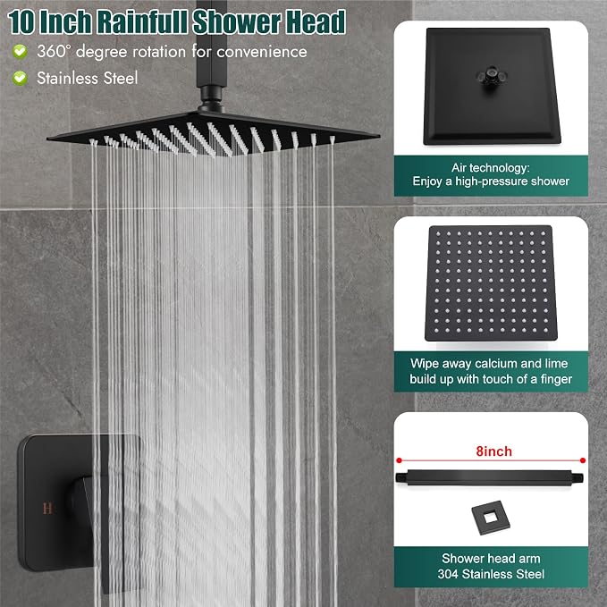 Heyalan 10-Inch Ceiling Mount Shower Faucet Set with Valve, Matte Black | Rainfall shower head, ceiling-mount design, SUS304 steel, adjustable angle, single-handle control