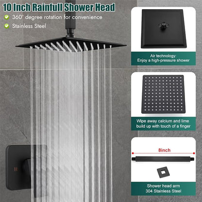 Heyalan 10-Inch Ceiling Mount Shower Faucet Set with Valve, Matte Black | Rainfall shower head, ceiling-mount design, SUS304 steel, adjustable angle, single-handle control