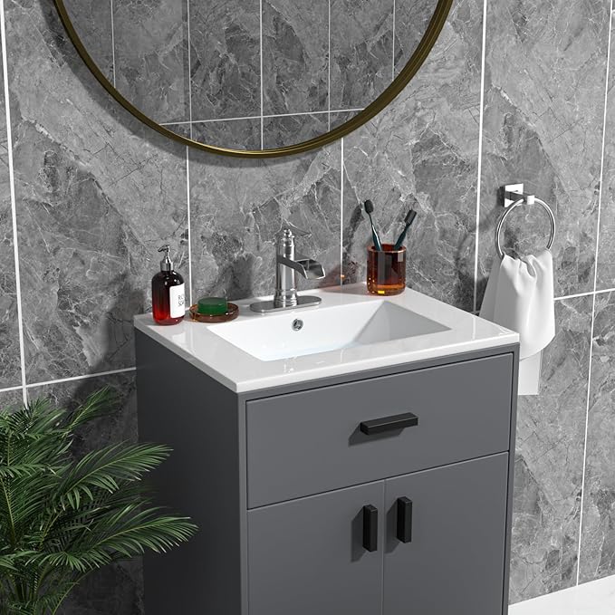 Sarlai 24 Inch Bathroom Vanity Sink Tops - White Drop In Bathroom Sink Ceramic Topmount Rectangular Vanity Top with Overflow