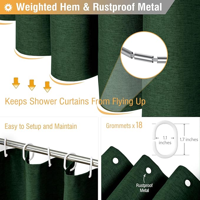 BTTN Extra Wide Shower Curtain - 108x72 Inch Linen Textured Waterproof Fabric Shower Curtain Set with 18 Plastic Hook, Large Modern Farmhouse Cloth Bathtub Shower Curtains for Bathroom - Emerald Green